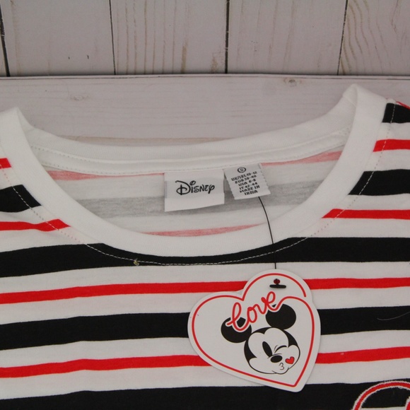 Retro Style Mickey Mouse Striped Embroidered Tie Hem T-Shirt Crop Top - Picture 4 of 4